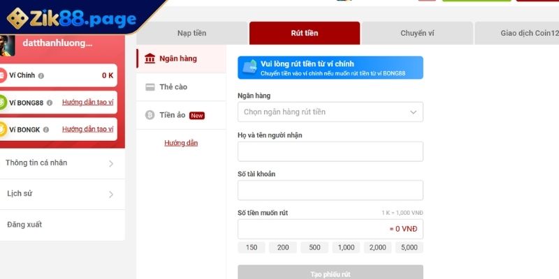 Nạp Rút Tiền Zik88 2 Hướng dẫn rút tiền từ ZIK88