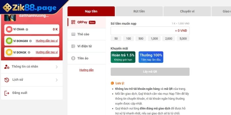 Nạp Rút Tiền Zik88 1 Cách nạp tiền ZIK88 nhanh chóng